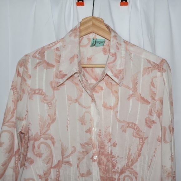 LovePotion Blouse, Medium Wormen Light Cotton Peach and White Button Down, - Picture 6 of 14
